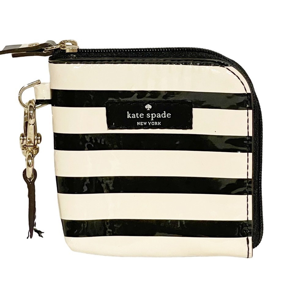 Kate Spade Mini Black White Stripe Patent‎ Side Zip Card Holder Wallet